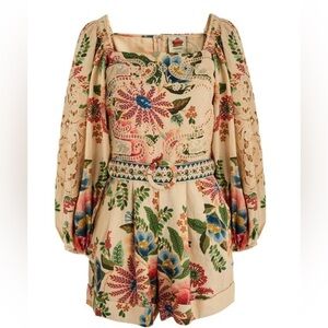 Farm Rio Floral Embroidered Romper with Lace Sleeves used